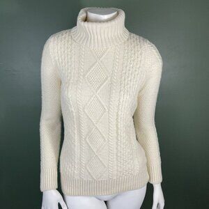 LL Bean Womens Merino Wool Blend Turtleneck Cable Knit Sweater Size Small Ivory